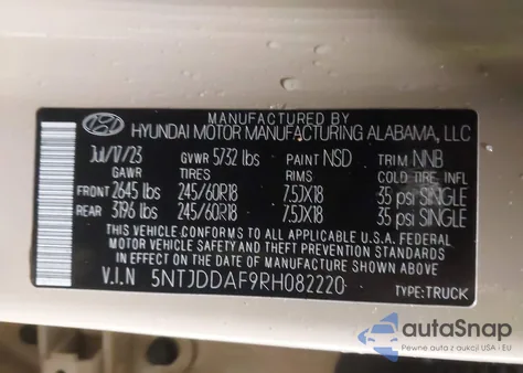 2024 Hyundai Santa Cruz Xrt z USA, uszkodzony, nr VIN 5NTJDDAF9RH082220